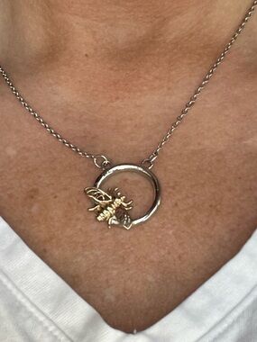 Two Tone Bee Charm Circle Pendant Necklace
